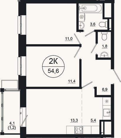 Планировка: 3-к, 53,4 м²