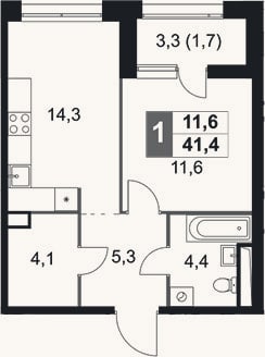Планировка: 1-к, 39,7 м²