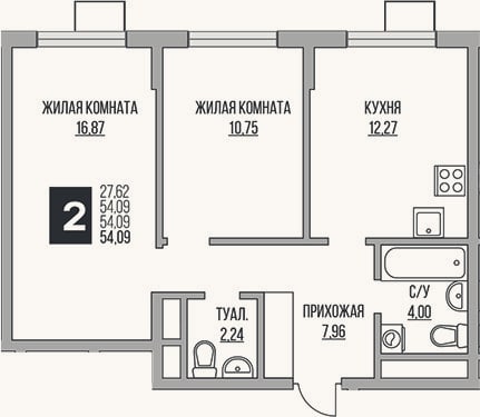 Планировка: 2-к, 54,1 м²