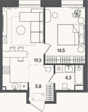 Планировка: 2-к, 43,9 м²
