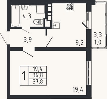 Планировка: 1-к, 36,8 м²
