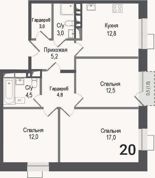 Планировка: 3-к, 74,8 м²