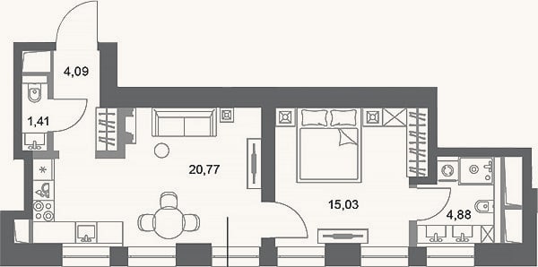 Планировка: 1-к, 46,2 м²