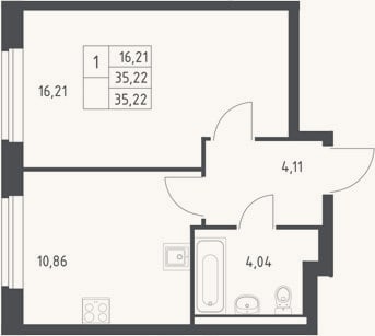 Планировка: 1-к, 35,2 м²