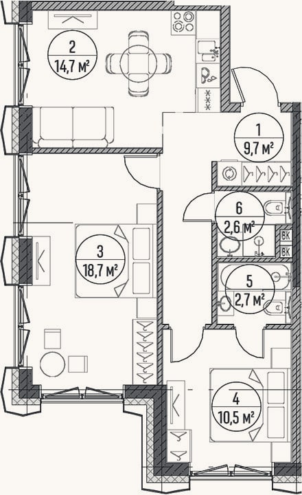 Планировка: 2-к, 58,9 м²