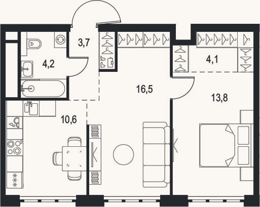 Планировка: 2-к, 52,9 м²