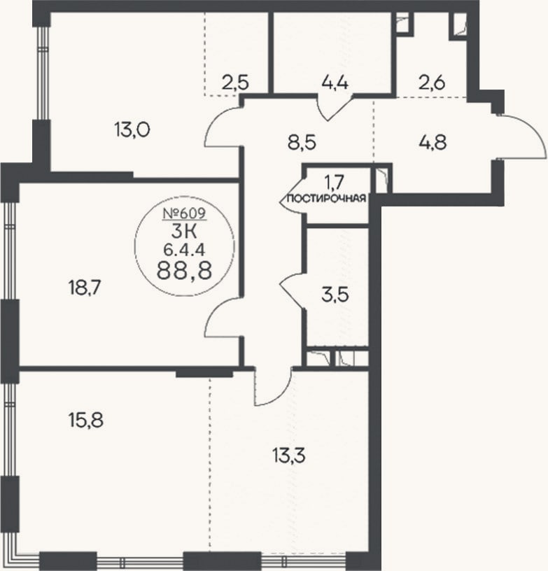 Планировка: 3-к, 88,8 м²