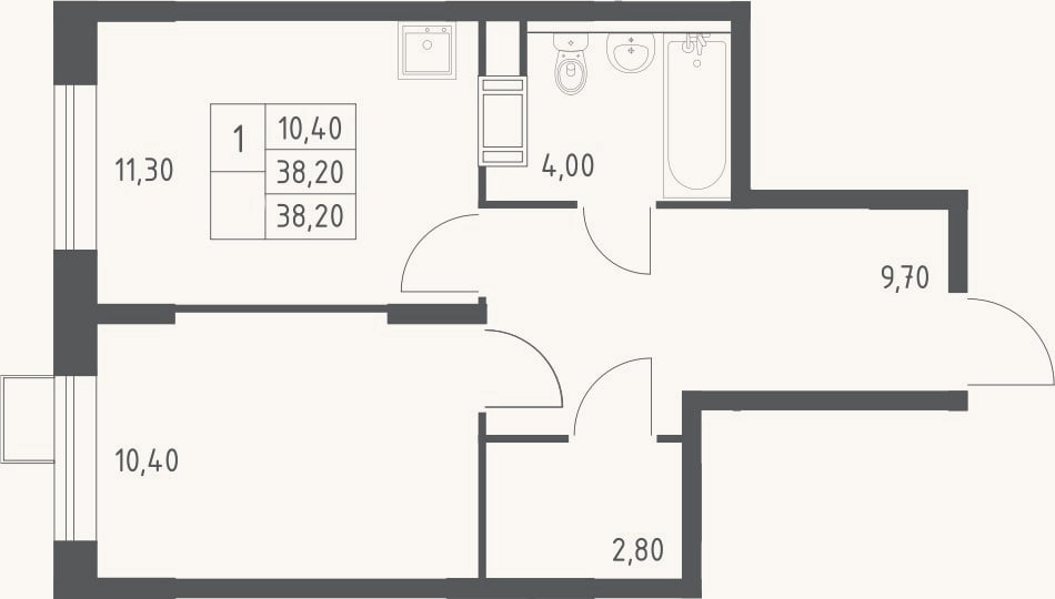 Планировка: 1-к, 38,2 м²