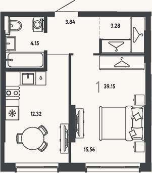 Планировка: 1-к, 39,2 м²