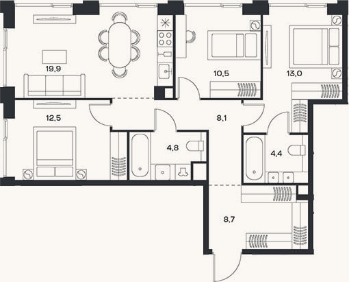 Планировка: 4+ к, 81,9 м²