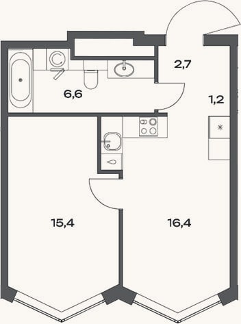 Планировка: 2-к, 42,3 м²