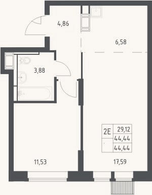Планировка: 2-к, 44,4 м²