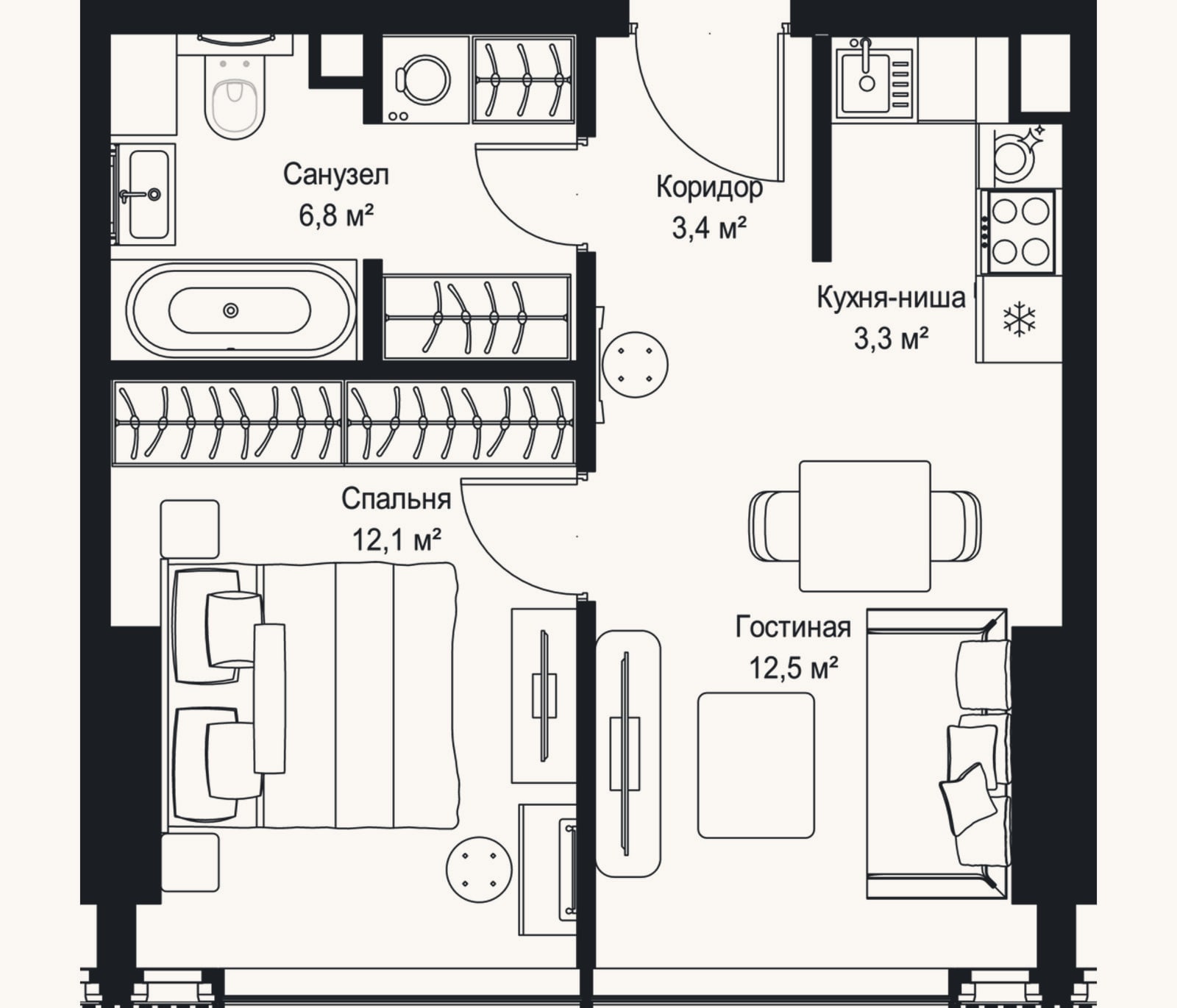 Планировка: 2-к, 38,1 м²
