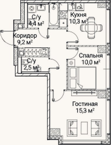 Планировка: 2-к, 51,7 м²