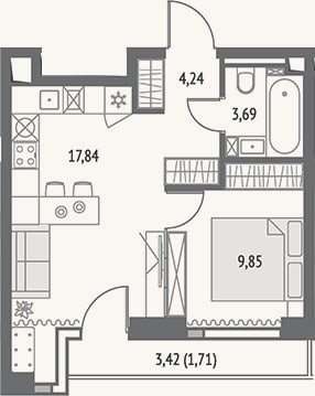 Планировка: 2-к, 33,9 м²