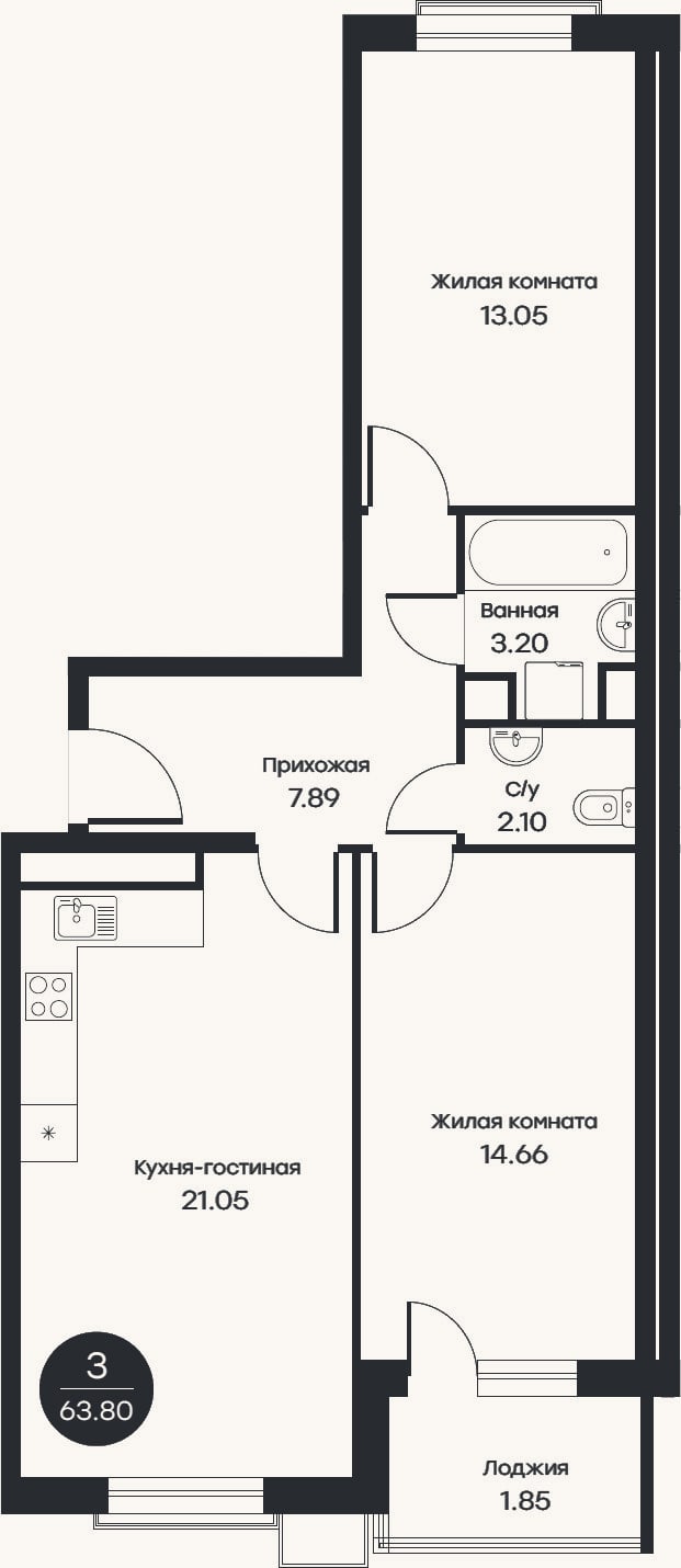 Планировка: 3-к, 61,7 м²