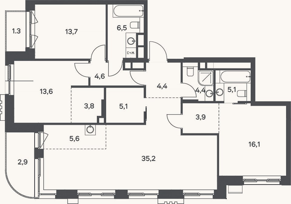 Планировка: 4+ к, 121,4 м²