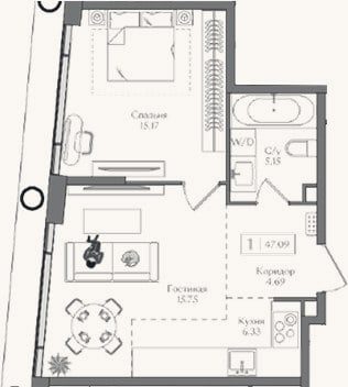Планировка: 2-к, 47,1 м²