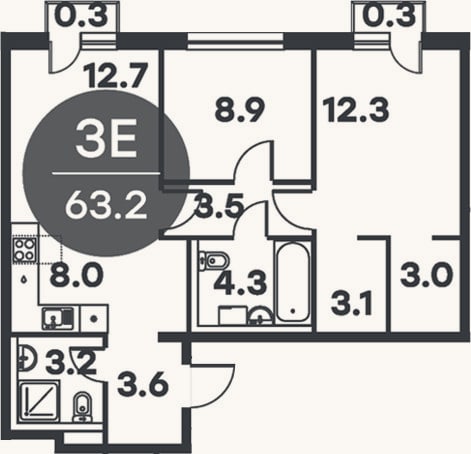 Планировка: 3-к, 62,6 м²