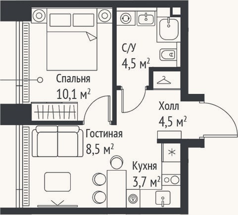 Планировка: 2-к, 31,2 м²