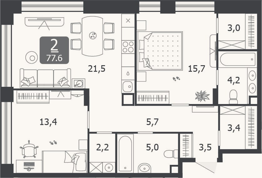 Планировка: 3-к, 77,6 м²