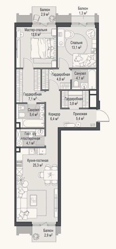 Планировка: 3-к, 94,6 м²