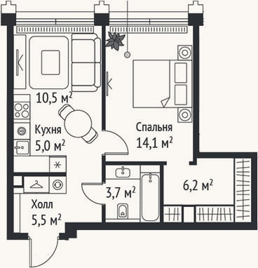 Планировка: 2-к, 45 м²