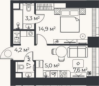 Планировка: 2-к, 36,6 м²
