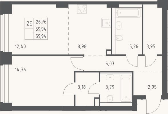Планировка: 2-к, 59,9 м²