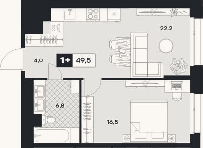 Планировка: 1-к, 49,5 м²