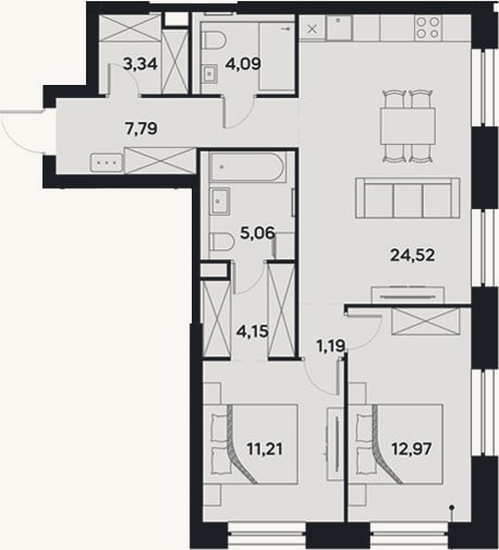 Планировка: 3-к, 74,3 м²