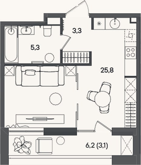 Планировка: Студия, 34,4 м²