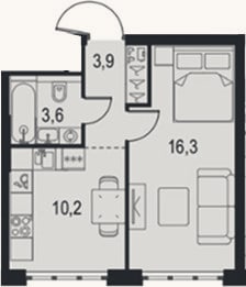 Планировка: 1-к, 34 м²