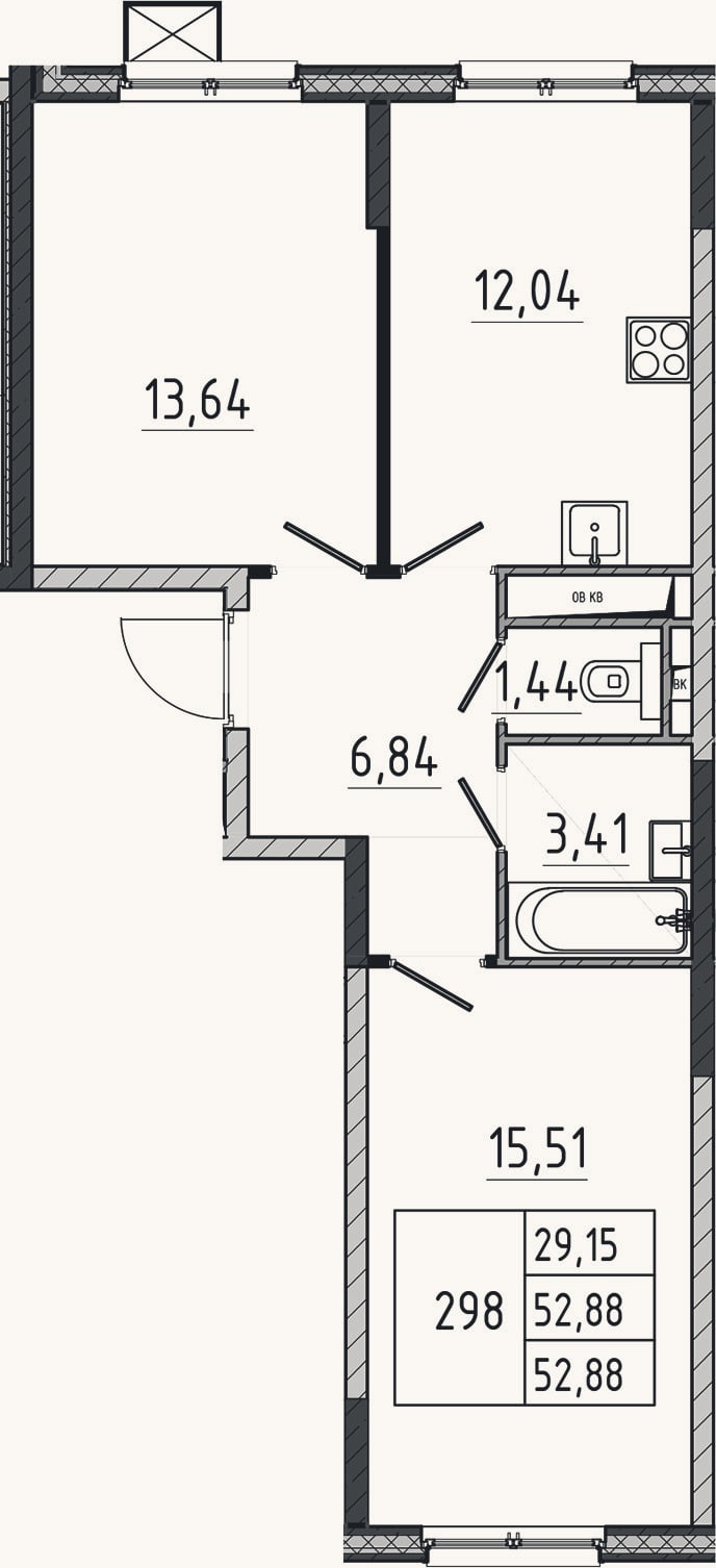 Планировка: 2-к, 52,9 м²