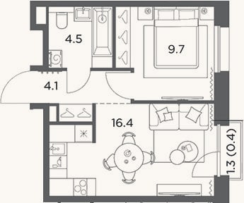 Планировка: 1-к, 34,7 м²