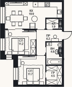 Планировка: 2-к, 60,2 м²