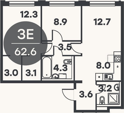 Планировка: 3-к, 62,6 м²