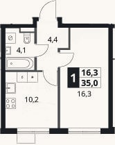 Планировка: 1-к, 35 м²