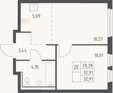 Планировка: 2-к, 32,9 м²