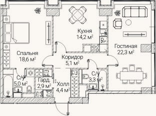 Планировка: 2-к, 75,8 м²
