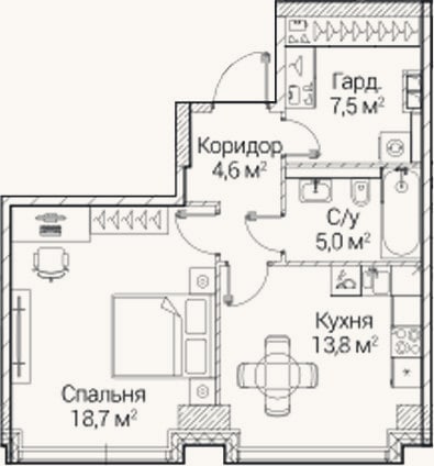 Планировка: 1-к, 49,6 м²