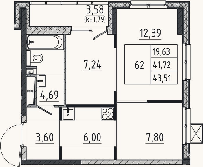 Планировка: 2-к, 41,7 м²
