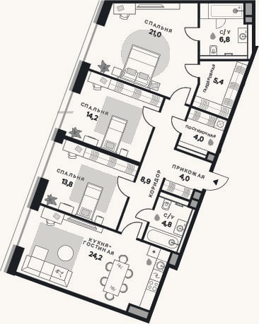 Планировка: 3-к, 107,1 м²