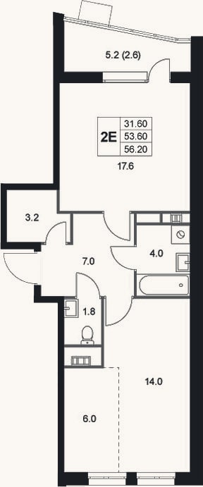 Планировка: 2-к, 53,6 м²