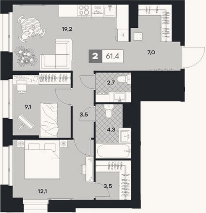 Планировка: 2-к, 61,4 м²
