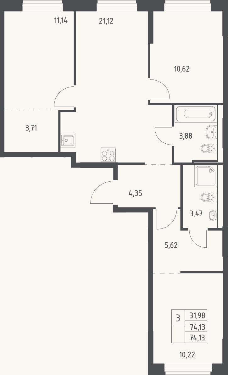 Планировка: 4+ к, 74,1 м²
