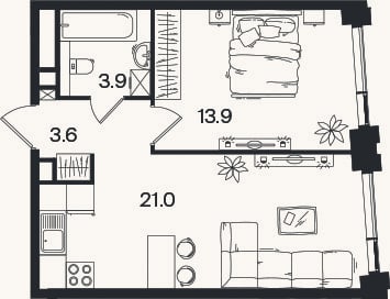 Планировка: 2-к, 42,4 м²