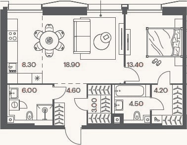 Планировка: 2-к, 62,9 м²