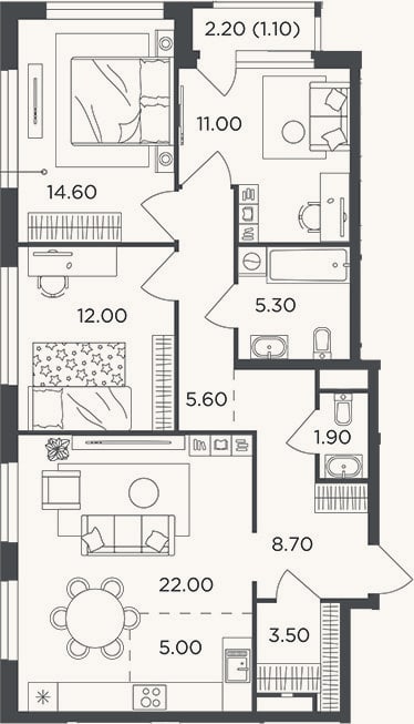 Планировка: 4+ к, 89,6 м²