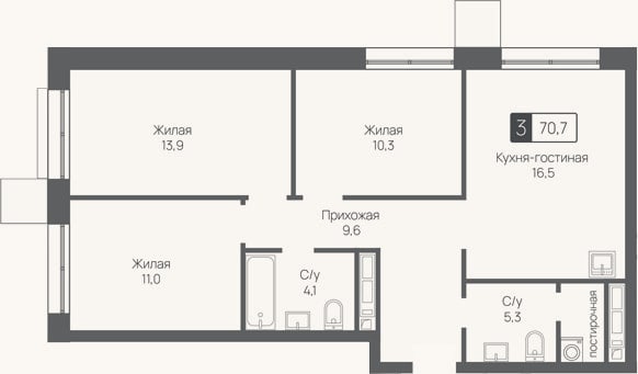 Планировка: 4+ к, 70,7 м²